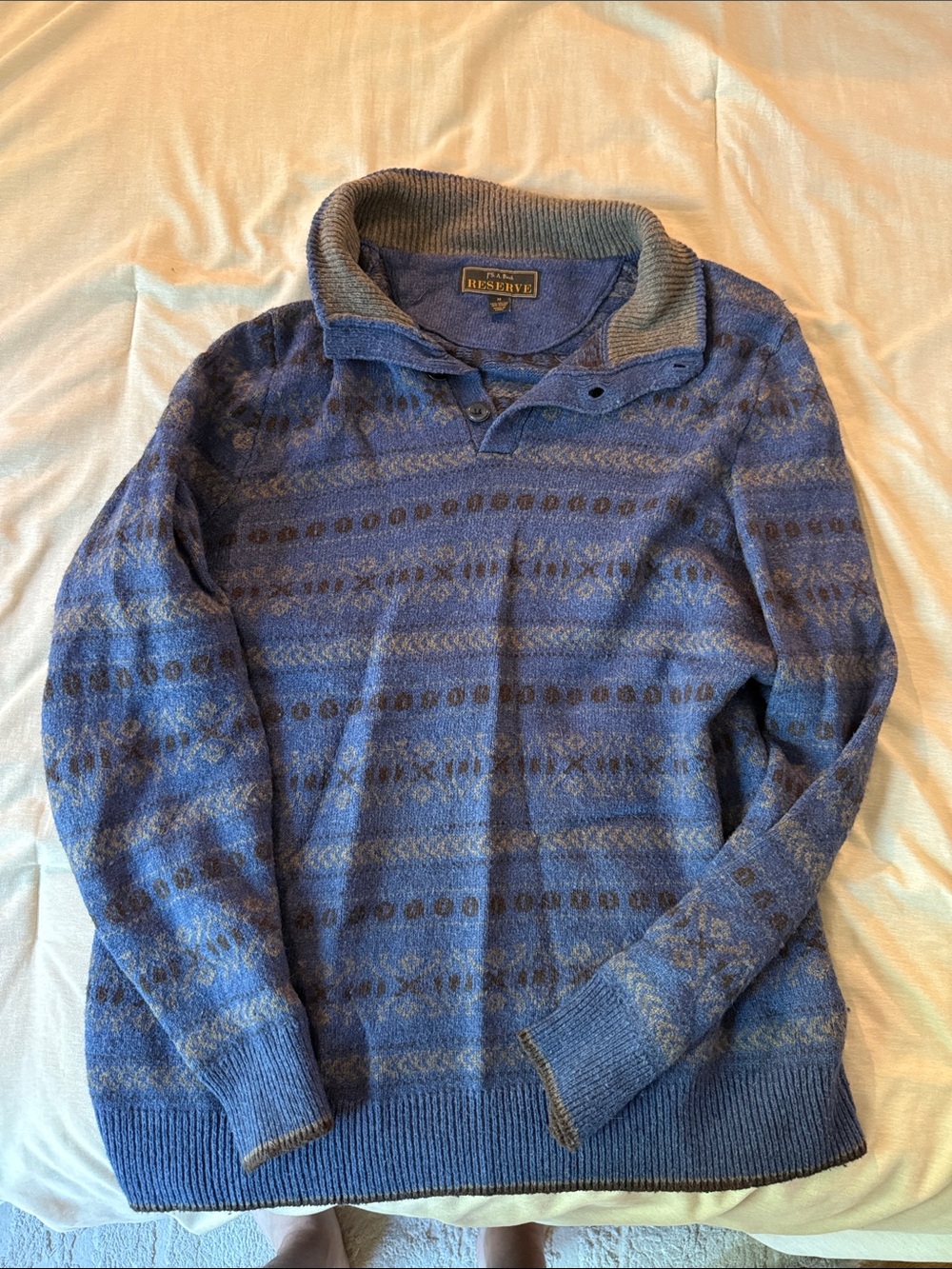 Reserved Men’s Blue Patterned V-Neck Sweater with Shawl Collar Detail